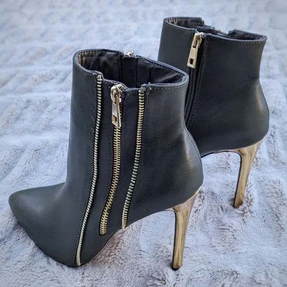 CATHERINE MALANDRINO Gold Stiletto Heel Zipper Detail Olive Green Ankle Boot Sz8 - Picture 1 of 12